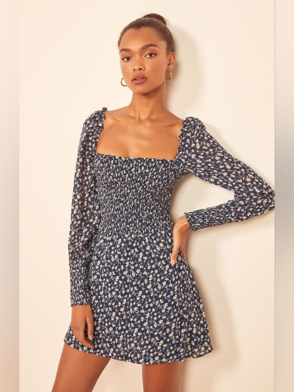 Reformation Kelli Floral Smocked Mini Dress Blue Long Sleeve Size M Euro Fall